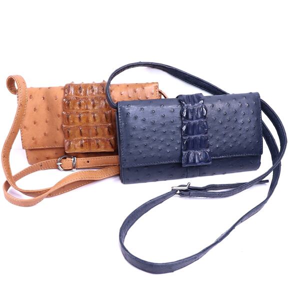 KAROO Classics Bundle of 2 Ostrich Leather Croc Shin Crossbody Bag Blue and Tan - Picture 1 of 6